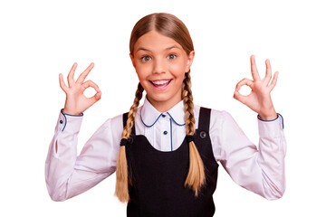 Sticker - Close-up portrait of her she nice attractive lovely content cheerful cheery glad pre-teen girl showing double two ok-sign cool ad advert isolated over bright vivid shine orange background