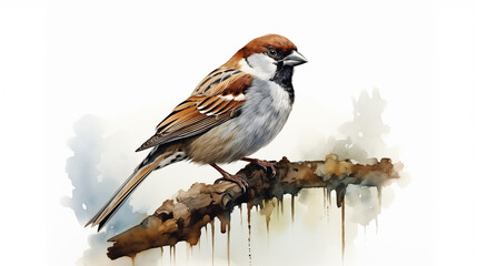 Wall Mural - Watercolor illustration of a House Sparrow bird perched on a branch with natural background.