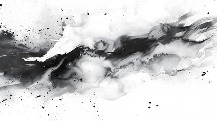 Wall Mural - Abstract black ink watercolor brush stroke on white paper texture background. Grunge art dark gray watercolor with wash and splashes, hand paint, black and white illustration artistic graphic design