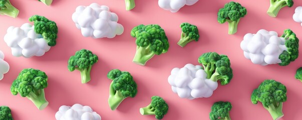 Creative pattern of broccoli and cauliflower on pink background, healthy food concept