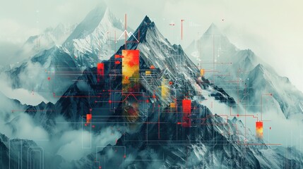 Wall Mural - Abstract digital mountain with flags a concept of technological connections 