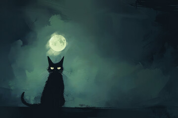 a black cat is sitting n the infinite darkness background with a shadow. generative ai