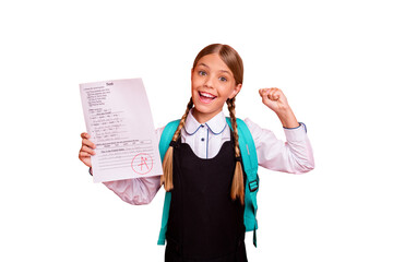 Wall Mural - Portrait of nice attractive charming cute smart clever cheerful cheery successful glad pre-teen girl demonstrating great cool best grade having fun isolated on bright vivid shine orange background