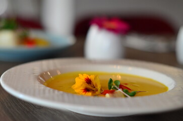 yellow vegetable soup with herbs, squid, pumpkin soup, herbs, plate, serving restaurant table, lunch menu 