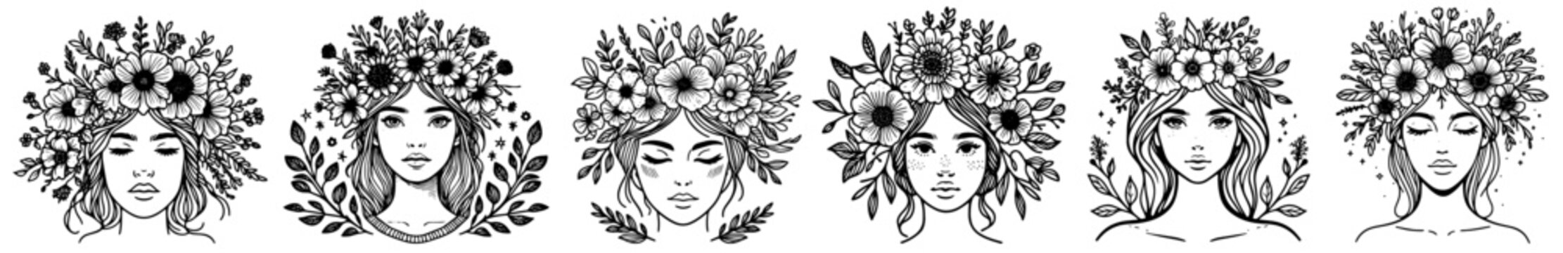heads of girls in spring style, heads decorated with flower wreaths
