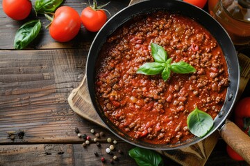 Bolognese Sauce. Authentic Italian Beef Sauce in Cooking Pan on Wooden Table