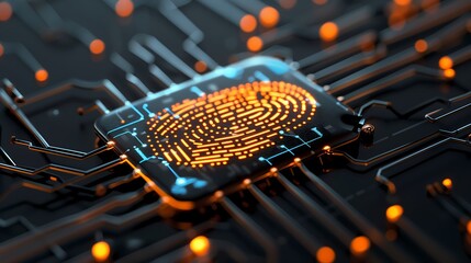 Wall Mural - Close-up of fingertip interacting with glowing fingerprint on circuit board, representing biometric data and security systems