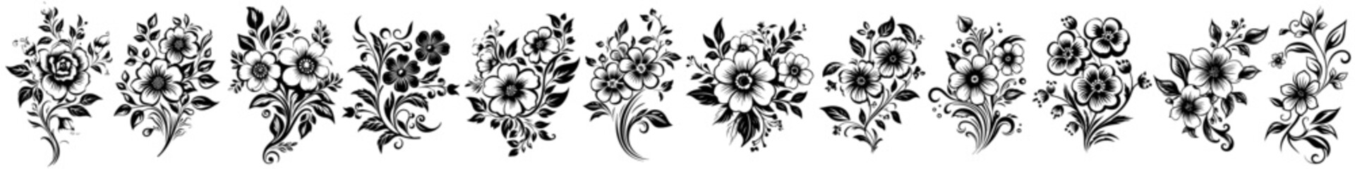 decorative flowers blooming plants black vector collection set