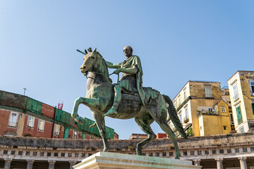 Wall Mural - Naples, Italy. Equestrian statue of Ferdinand I. Square - Piazza del Plebiscito. Sunny summer morning