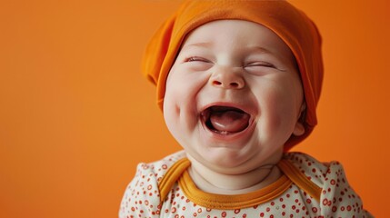 Poster - Portrait of a laughing baby in orang clothing on clair orange background.