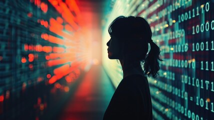 Silhouette of woman against futuristic digital background with binary code