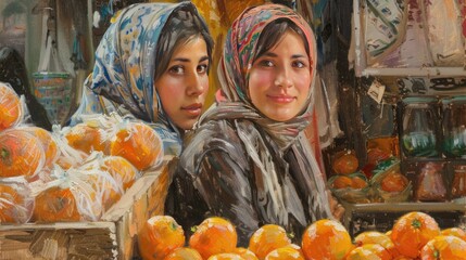 Poster -  Portrait of a Young Woman on Oriental Bazaar buying Oranges