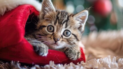 Wall Mural - An adorable kitten peeking out of a red Christmas stocking.