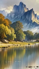 Wall Mural - Beautiful morning coniferous forest near the river	