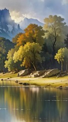 Wall Mural - Beautiful morning coniferous forest near the river	