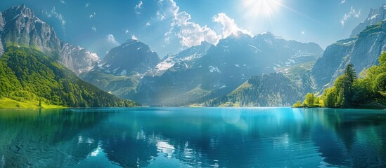 Wall Mural - Scenic Mountain Lake with Bright Blue Water and Snow-Capped Peaks