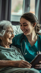 Wall Mural - A woman in a green scrubs is sitting next to an elderly woman who is smiling. Scene is warm and caring