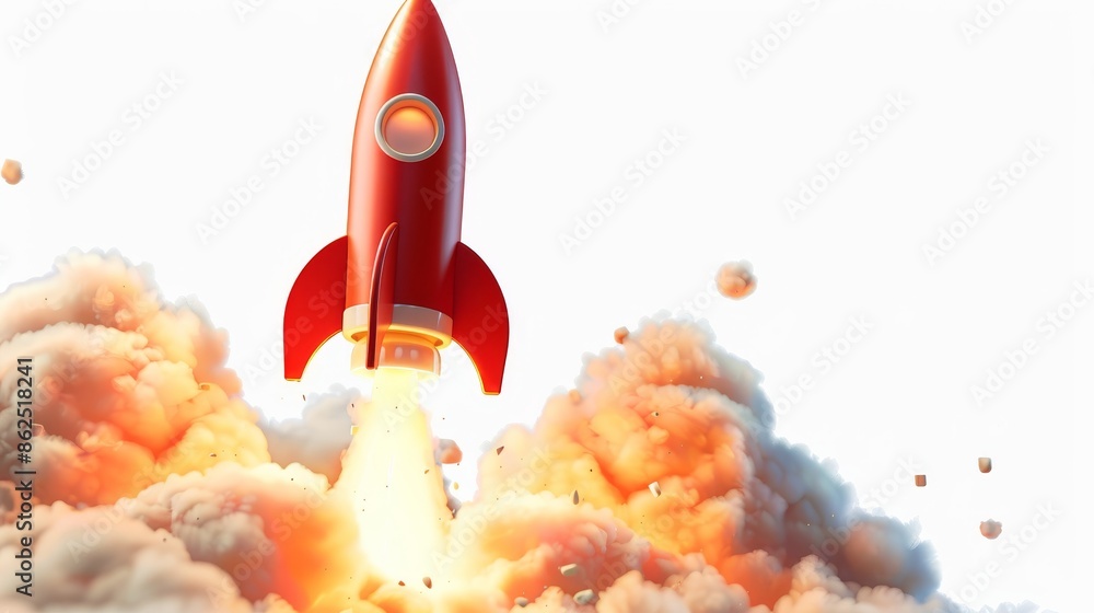 Red cartoon rocket launching with explosion of smoke and fire, white ...