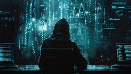 Hooded figure in front of computer screens with digital cityscape background