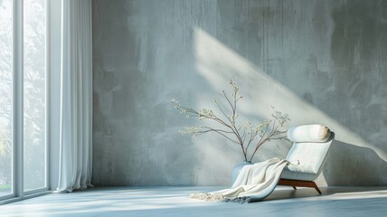 Wall Mural - Modern minimalist interior with comfortable chair and natural light through large window