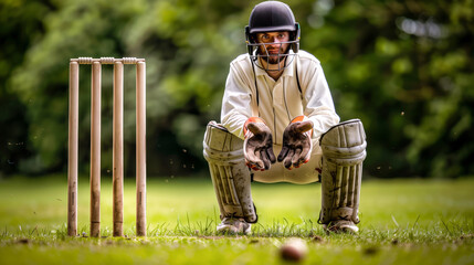 Wall Mural - A wicketkeeper crouches behind the stumps