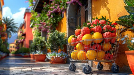 Wall Mural - A vibrant scene portrayed in a 3D illustration, featuring a supermarket shopping cart loaded with an assortment of fresh grocery