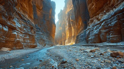 Canvas Print - Sunlit Canyon with a Flowing Stream