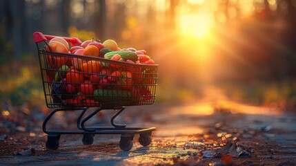 An artistic rendering of a digital shopping cart overflowing with fresh produce, packaged goods, and culinary delights, against a sunny