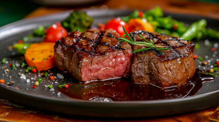 Wall Mural - Juicy grilled steak is lying on a black plate with rosemary and vegetables