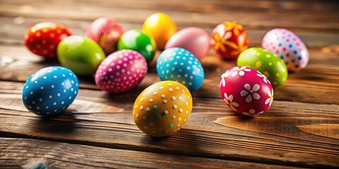 Sticker - Easter eggs on a rustic wooden table, Easter, eggs, decorative, colorful, holiday, spring, wooden, isolated, traditional