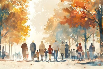 Wall Mural - Autumn Family Outing in Idyllic Woodland Scenery with Nostalgic Ambiance