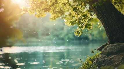 Wall Mural - sunlight filtering through green leaves by tranquil lake, with floating pollen or dust