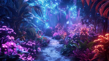 Mystical Enchanted Forest with Glowing Flora and Starry Night Sky