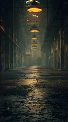 Wall Mural - Dimly Lit Abandoned Industrial Warehouse with Winding Corridors and Ominous Shadows