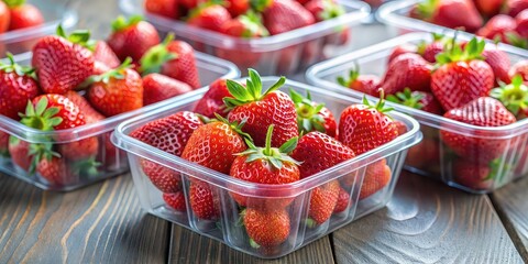 Wall Mural - Plastic punnet containers filled with fresh, ripe strawberries, strawberries, ripe, fresh, produce, fruit, red, juicy