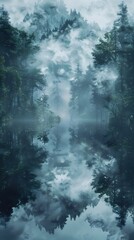 Wall Mural - Mirrored Forest Reflection in Misty Lake - Serene Tranquil Dreamlike Landscape