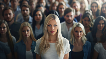 Wall Mural - Blonde woman standing out from large crowd of people. Stand out from the crowd concept. 
