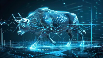 Wall Mural - bull and stock market graph in blue, digital technology. generative ai