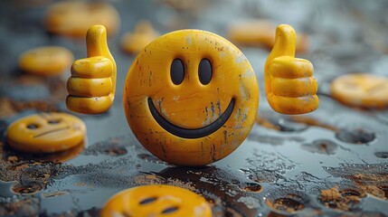 Wall Mural - Smiley face surrounded by positive symbols, thumbs-up gestures