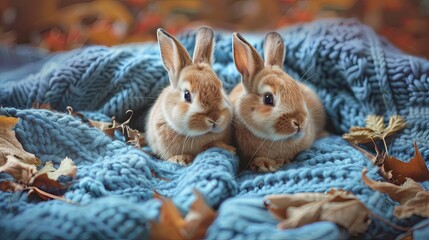 Cute rabbits sitting in a soft blanket