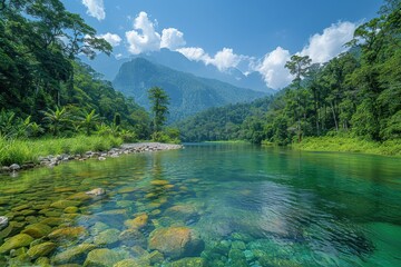 Wall Mural - A lush forest with towering trees, a clear blue river running through it, and diverse wildlife living harmoniously.