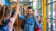 © PixelNexusArt - Teacher high-fiving students as they leave the classroom, Back to school, Positive reinforcement