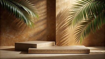 Sticker - Minimalistic premium podium with natural stone slabs and palm-leaf shadows on brown wall,  rendering, mockup, luxury