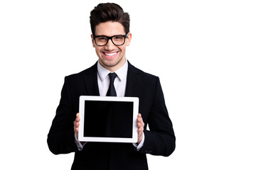 Sticker - Portrait of his he nice classy attractive cheerful positive guy demonstrating holding in hands black display digital technology executive leader expert development isolated over light gray background