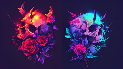 Sticker - rainbow neon skull tattoo design with roses 2d illustration