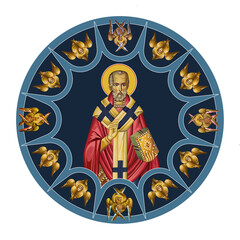 Saint Nicholas of Myra sky round dome with 4 apostles and seraphim. Illustration in Byzantine style isolated