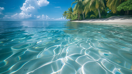 Tropical sea water surface view, island beach with palm tree and clear sky