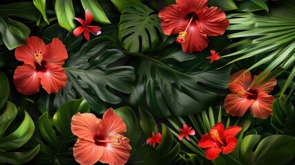 Wall Mural - lush vegetation and hibiscus flower patter ideal for tropical and exotic backgrounds