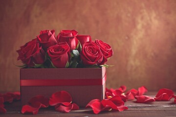 beautiful red roses inside gift box on wooden surface with scattered petals for valentines day celebration