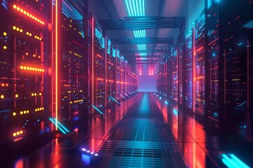 Sticker - A futuristic data center with rows of servers and blinking lights, showcasing advanced technology and connectivity